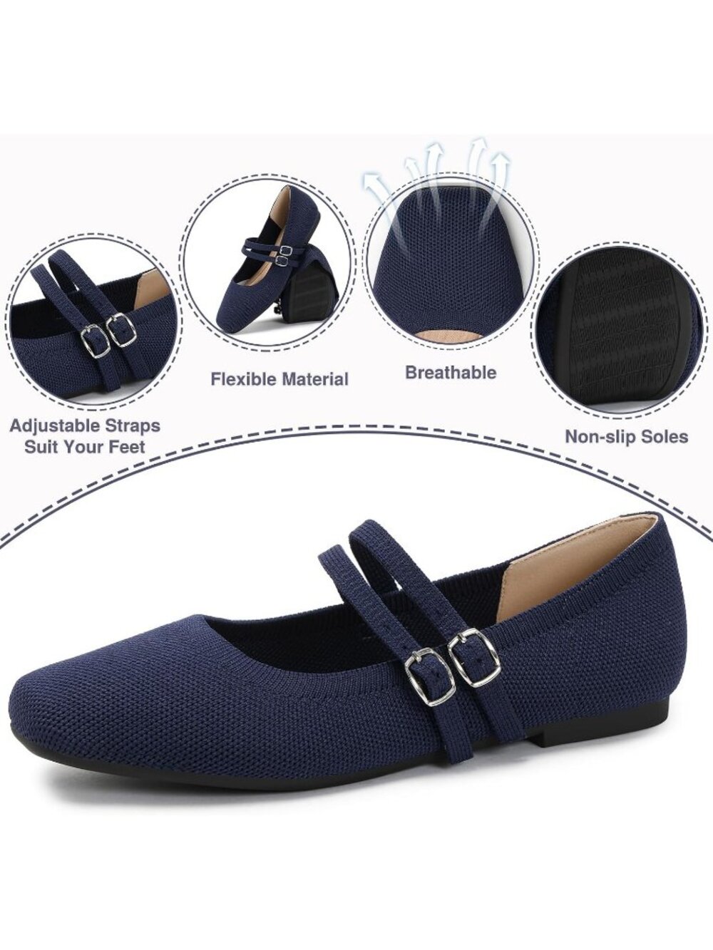 Women's Navy Knit Square Toe Mary Jane Ballet Flats Foldable Buckle Strap Shoes - Picture 2 of 6